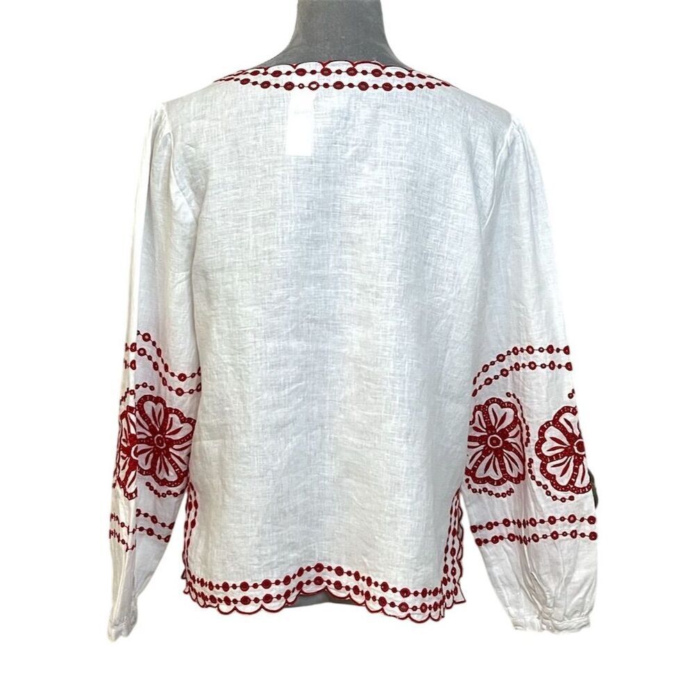 J.Crew Women's White Embroidered 100% Linen V-Neck Boxy Blouse S Chic Vacation - Picture 8 of 14